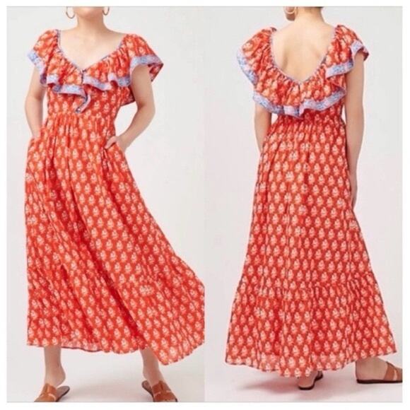 J.Crew Flutter V-neck Maxi in Cerise Cove Red Classic Block Print Dress US 16 - Picture 2 of 12